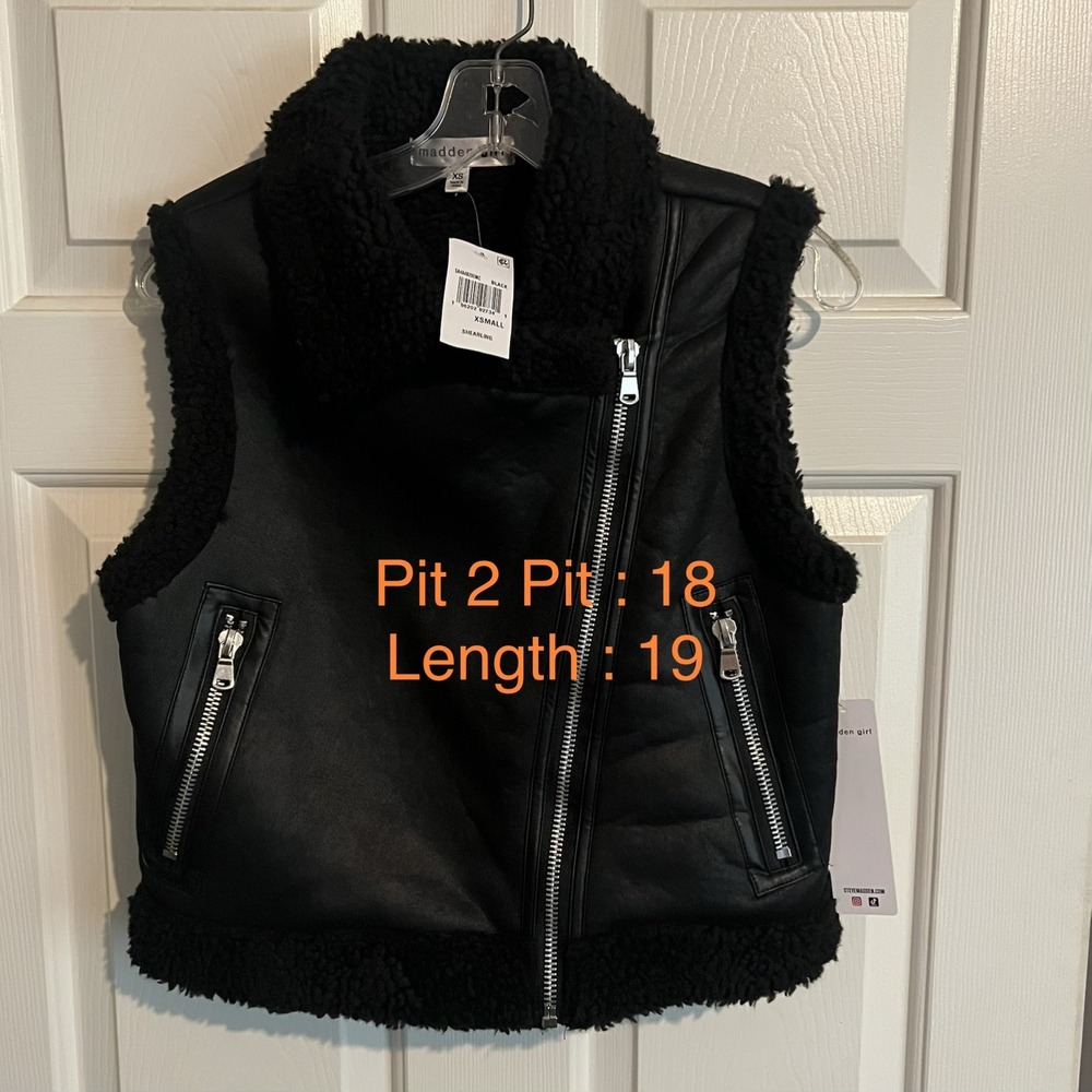 Madden Girl Black Shearling Vest XS Moto Zip Sleeveless Faux Fur SA484B29EMC